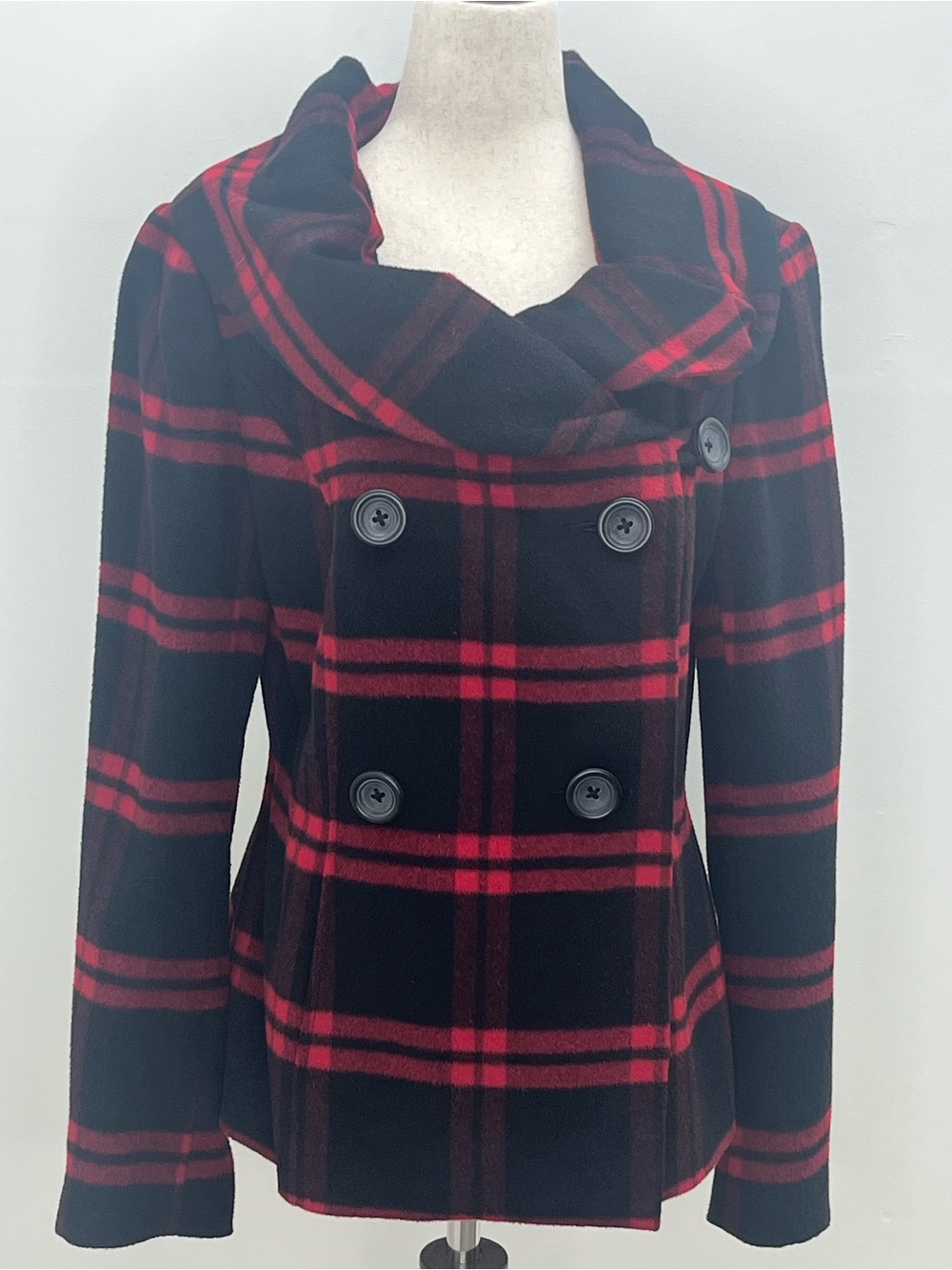 Tribal Women's Red Black Plaid Wool Blend Double Breasted Shawl Collar Coat Sz 8